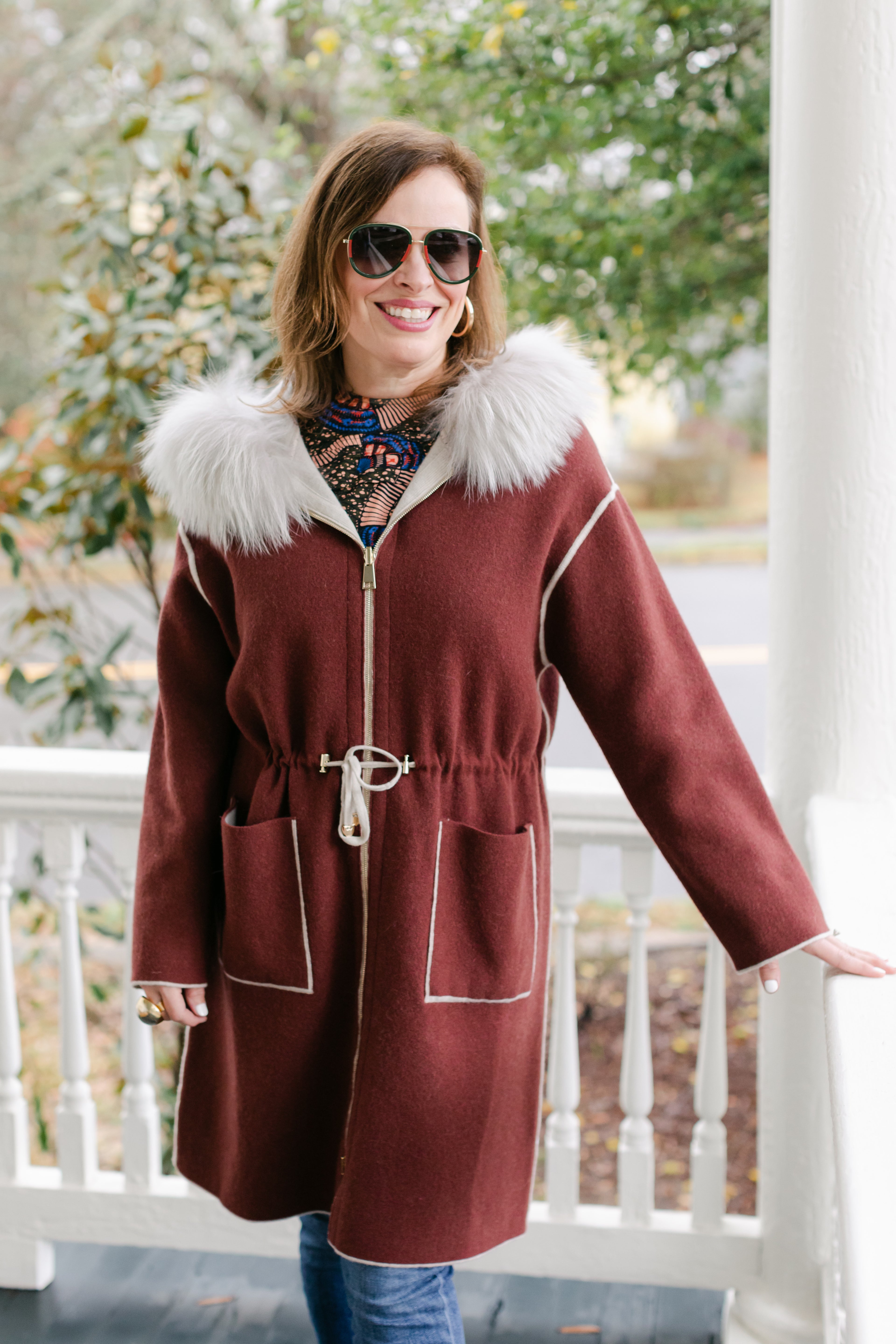 Ladies Rust Knit Jacket Racoon Hood