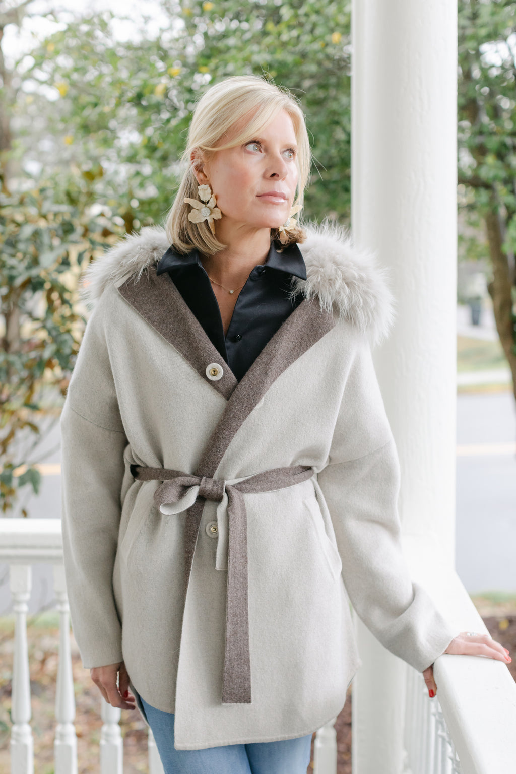 Ladies Oatmeal Knit Jacket Racoon Hood