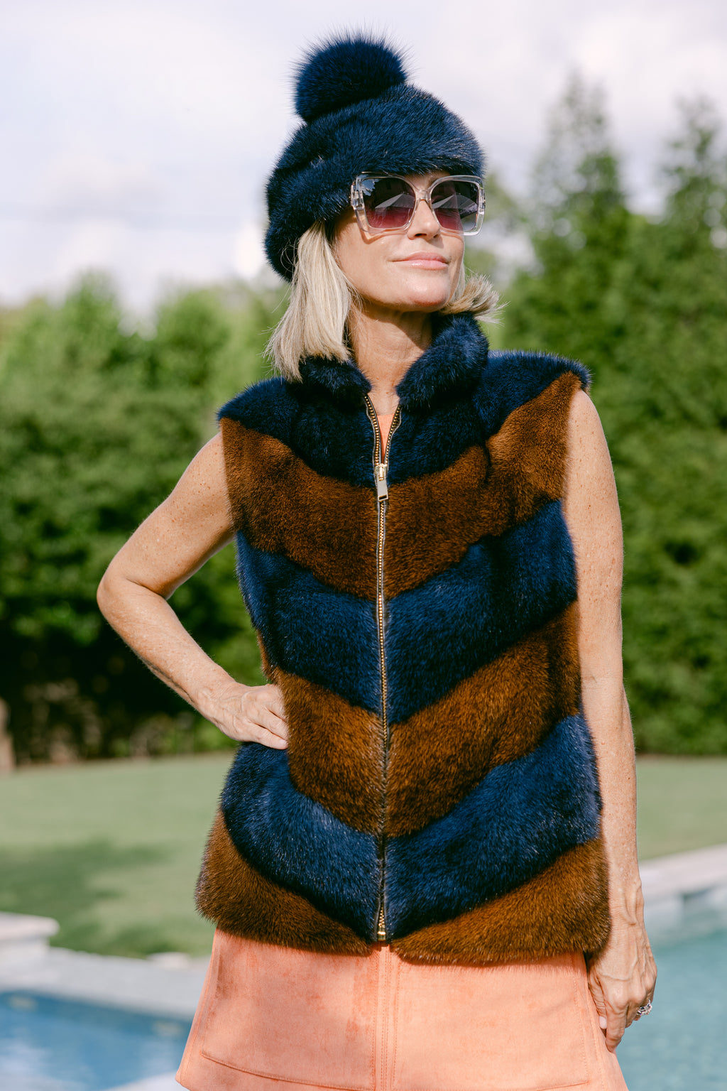 Blue Cross Mink and Whiskey Cross Mink Chevron Vest
