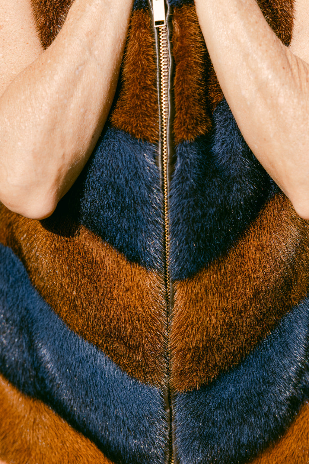 Blue Cross Mink and Whiskey Cross Mink Chevron Vest