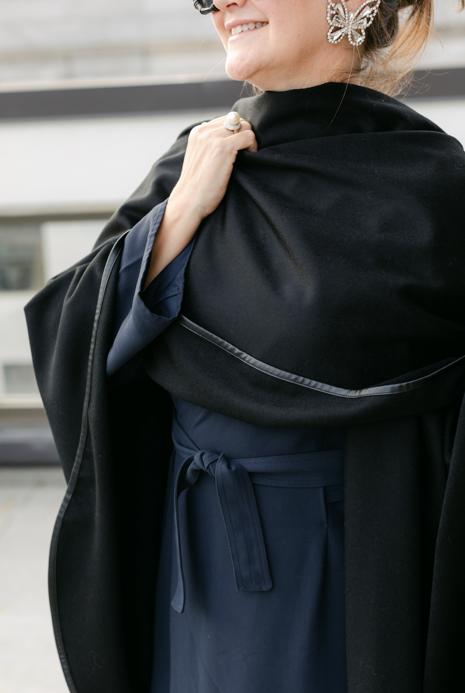 Black Cashmere Cape w/Leather Trim