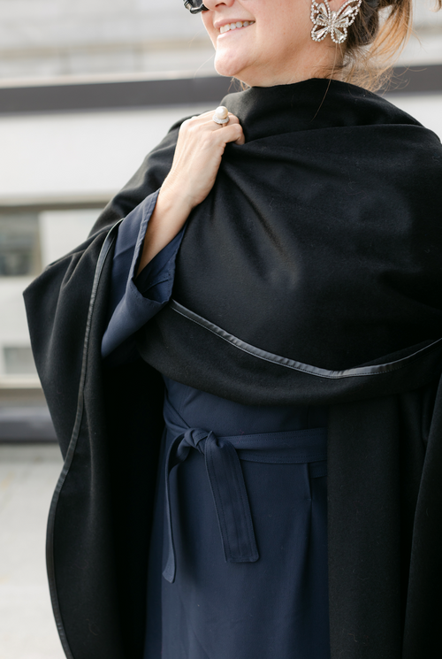 Black Cashmere Cape w/Leather Trim