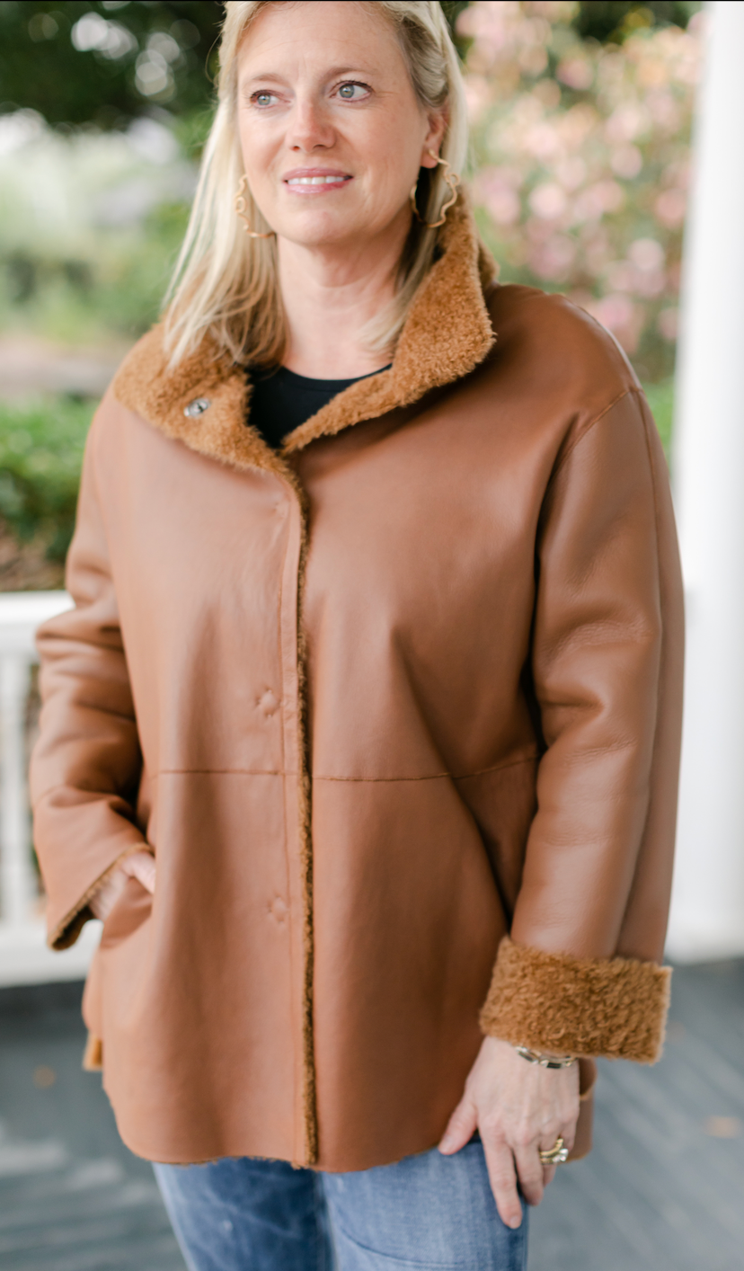 Ladies Cognac Leather Shearling