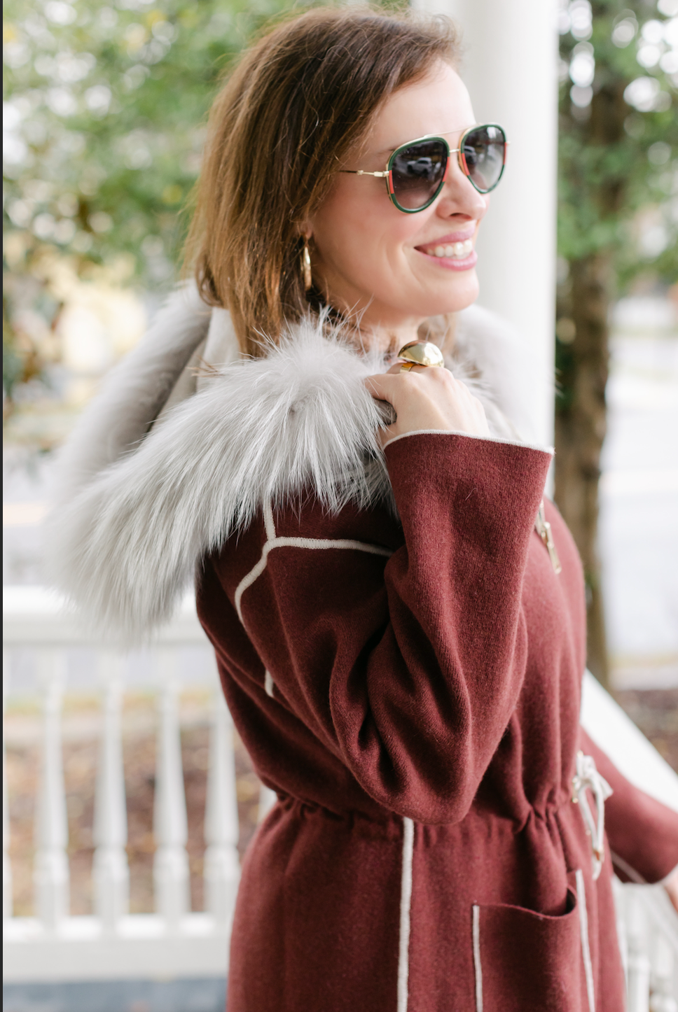 Ladies Rust Knit Jacket Racoon Hood