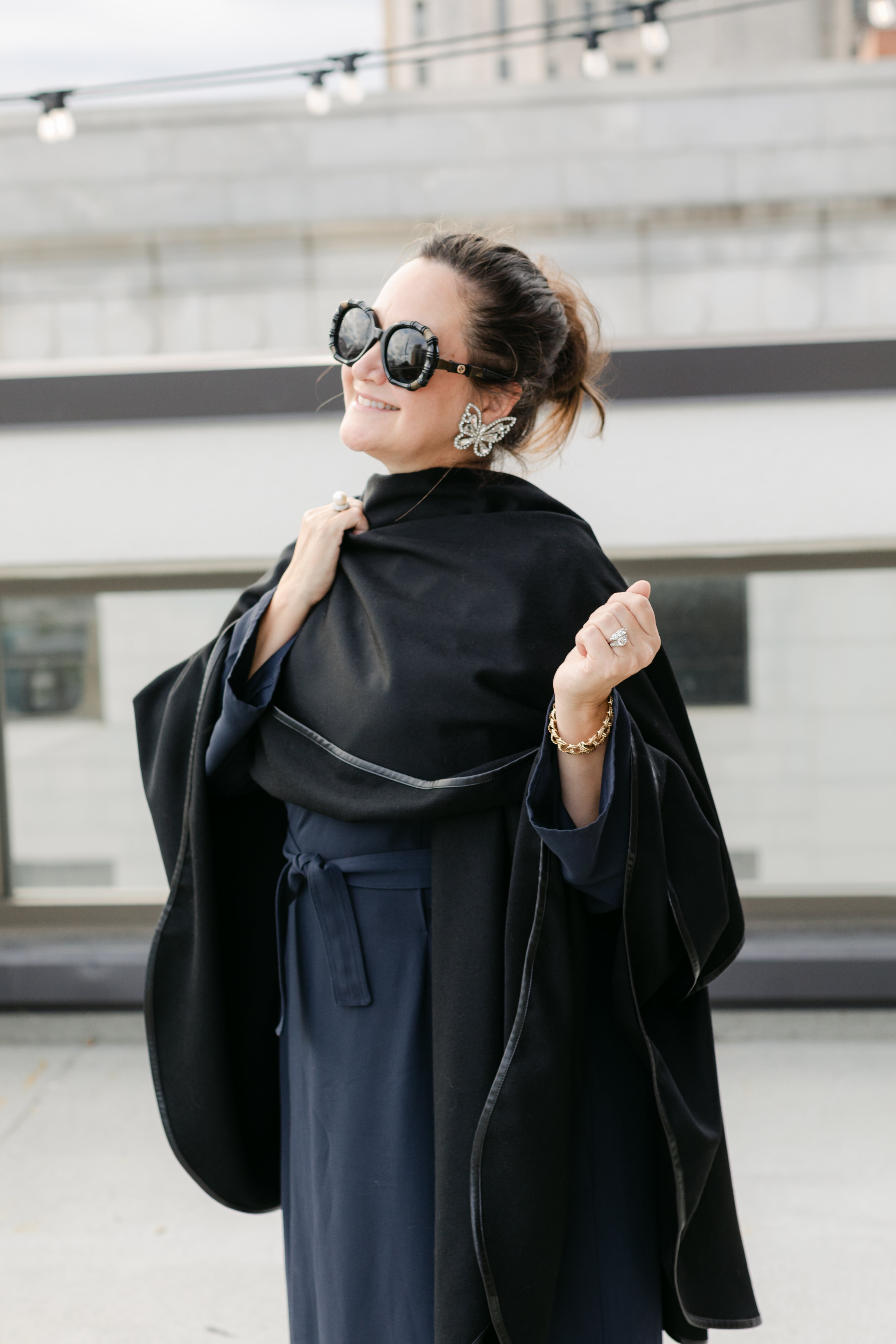 Black Cashmere Cape w/Leather Trim