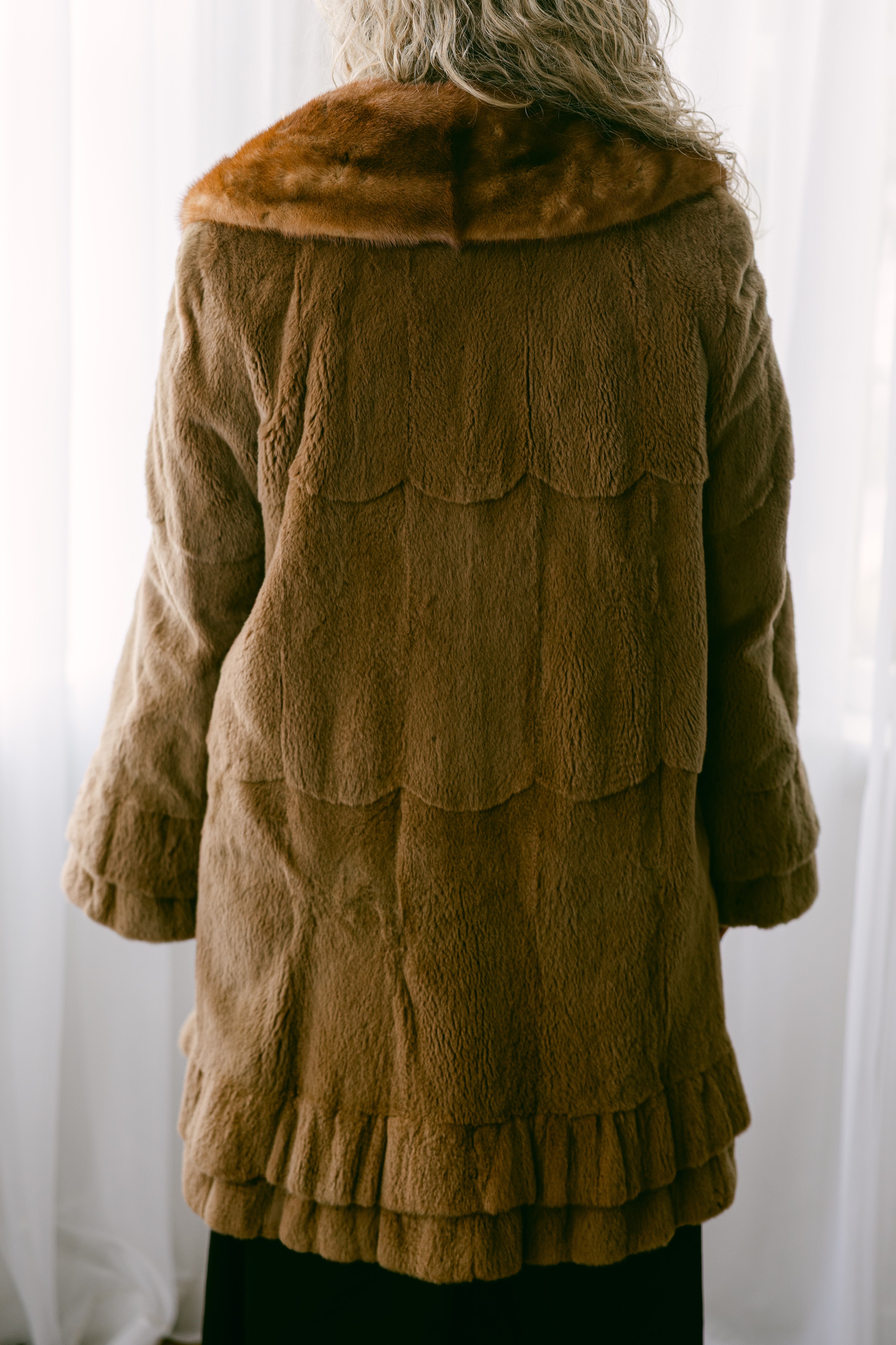 Brown Beaver Coat w Scallop Detail / Mink Collar