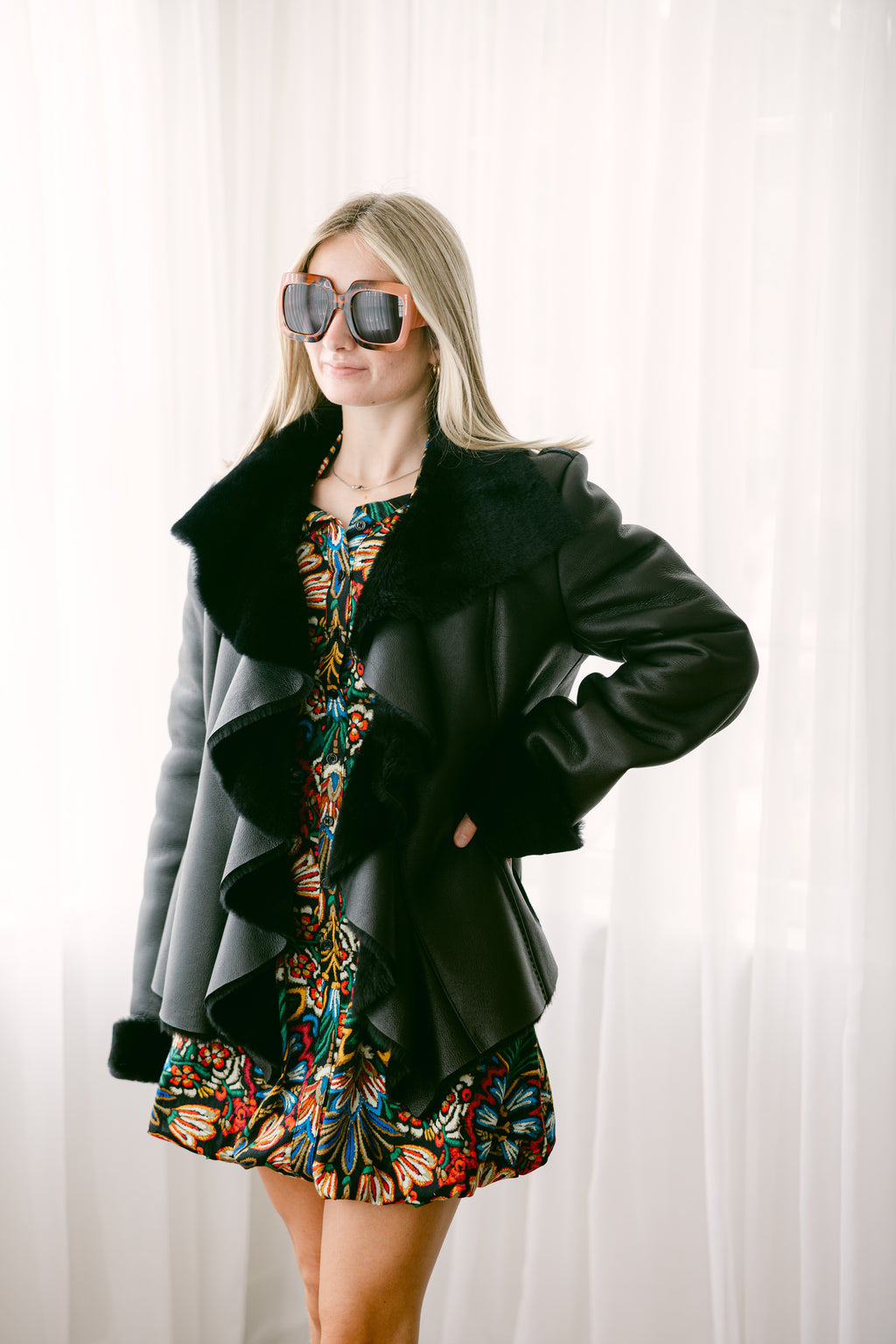 Black Shearling Ruffle Jacket