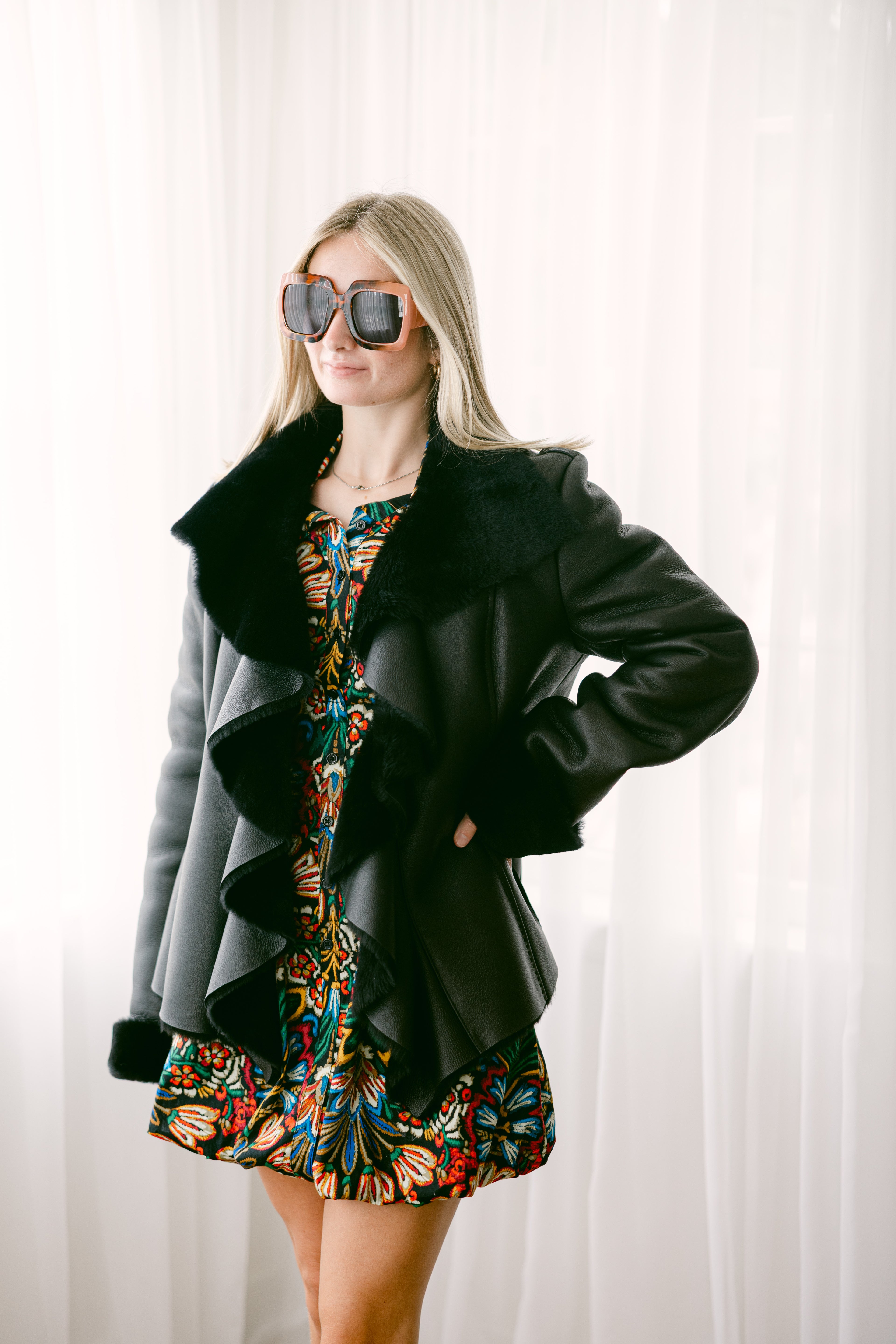 Black Shearling Ruffle Jacket