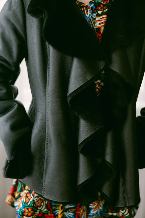 Black Shearling Ruffle Jacket