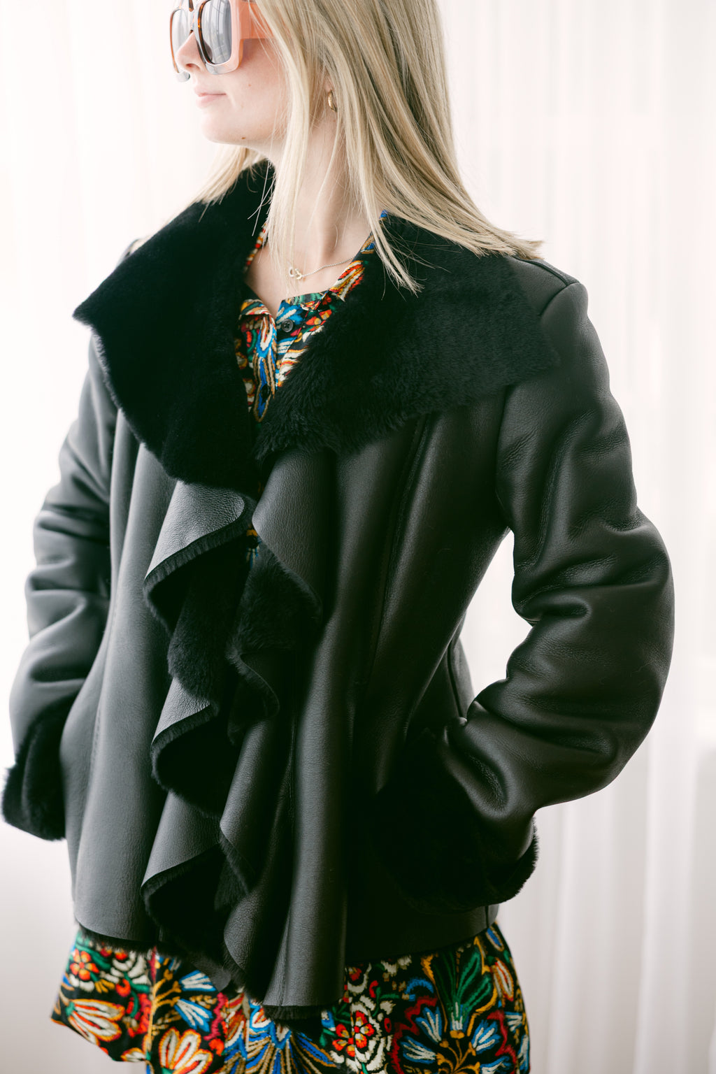 Black Shearling Ruffle Jacket