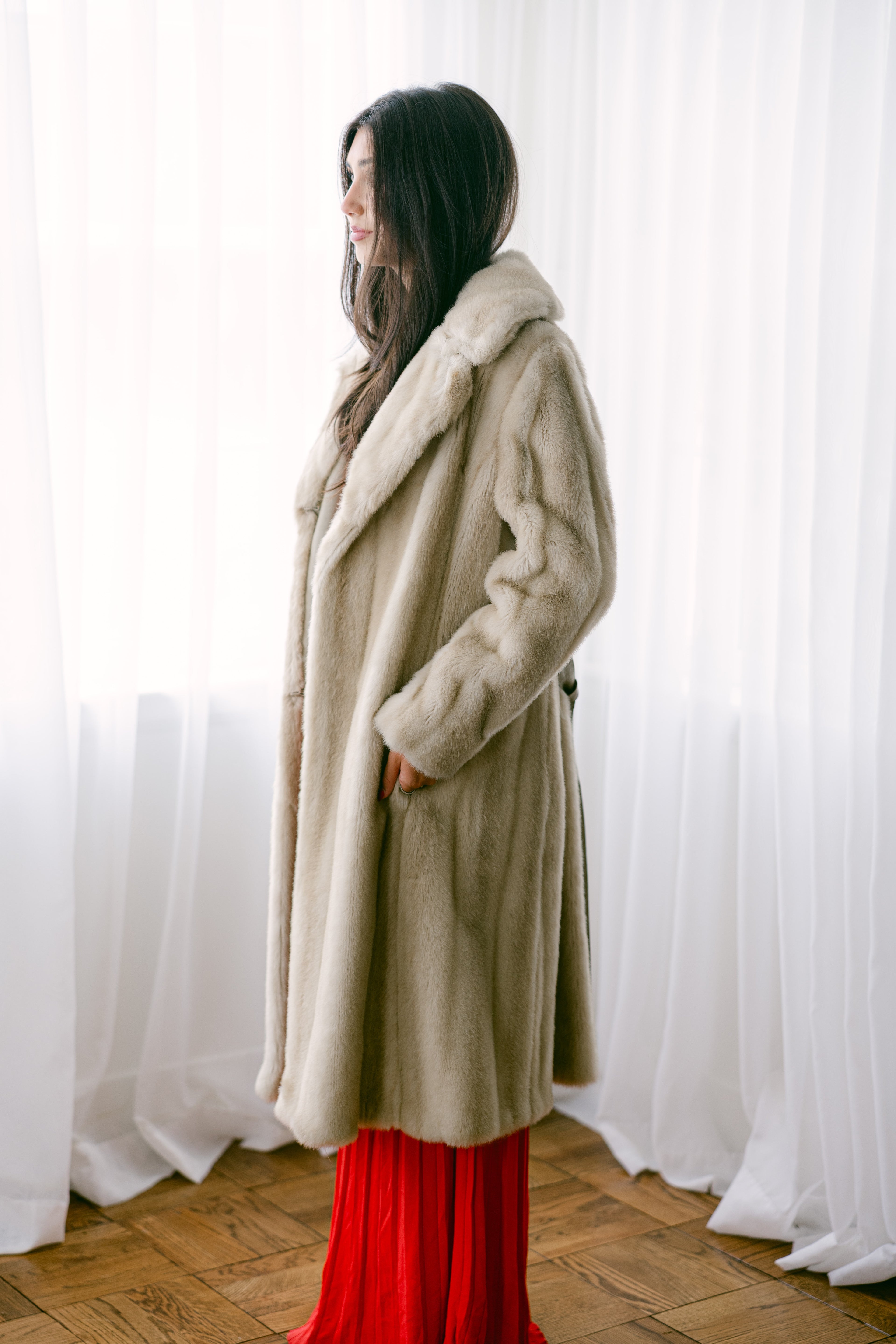 Tourmaline Mink Coat w Leather Belt