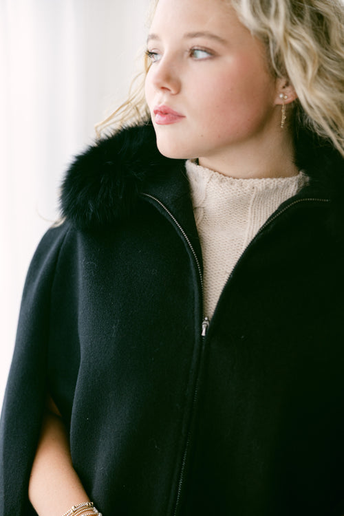 Black Dyed 20" Cashmere Blend Caplet w/Fox Ring Collar