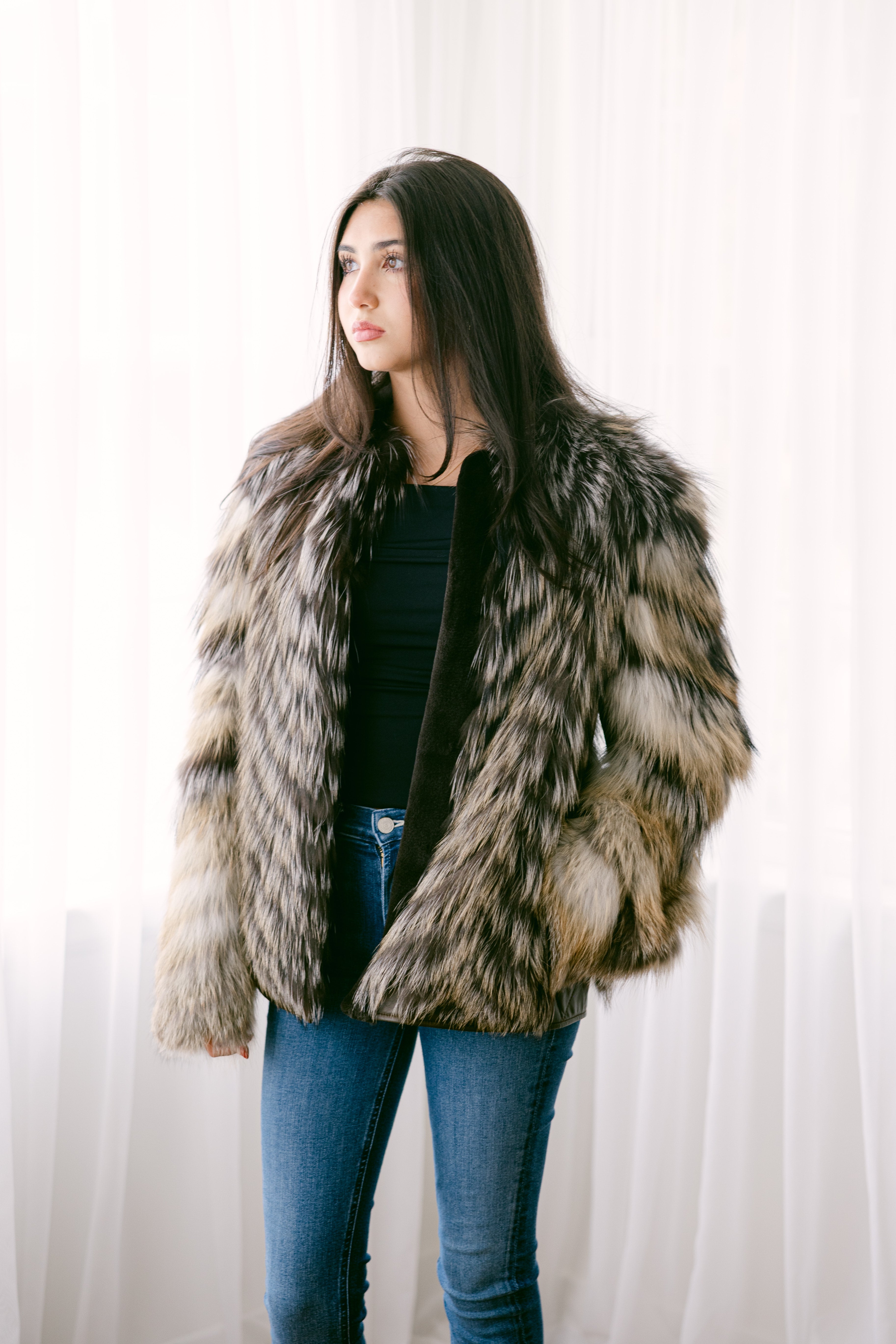Gold Arctic Fox Feathered 25" Jacket w/Golden Island Fox Sleeves, Gold Inserts & Quilted Leather Panels