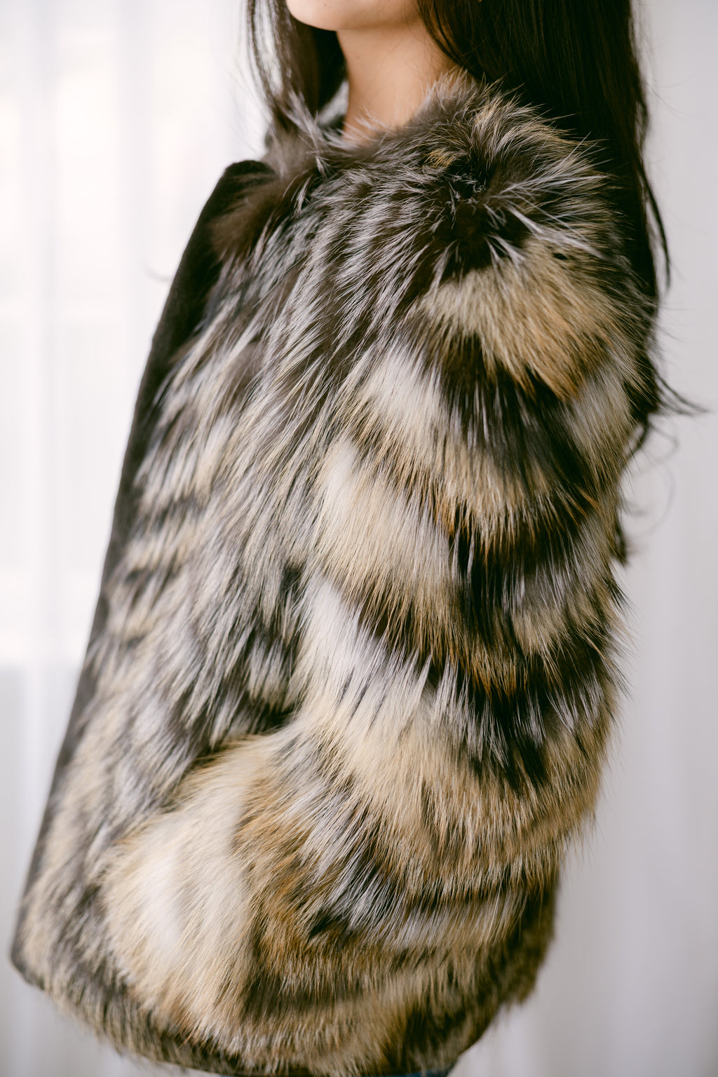 Gold Arctic Fox Feathered 25" Jacket w/Golden Island Fox Sleeves, Gold Inserts & Quilted Leather Panels