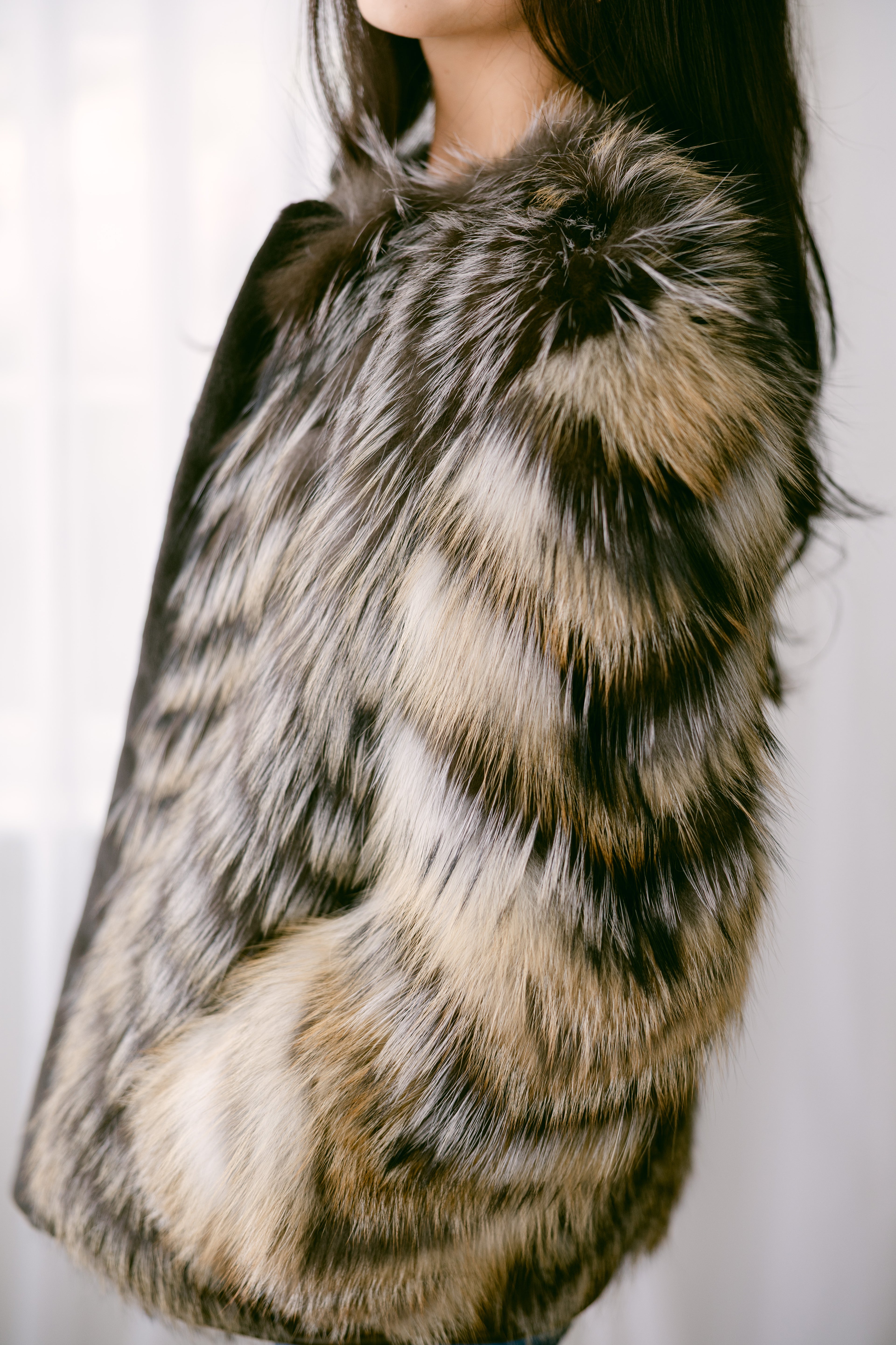Gold Arctic Fox Feathered 25" Jacket w/Golden Island Fox Sleeves, Gold Inserts & Quilted Leather Panels