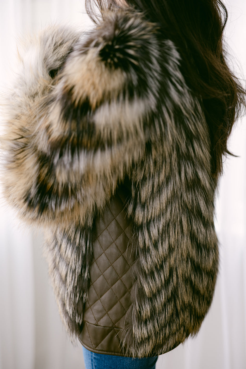 Gold Arctic Fox Feathered 25" Jacket w/Golden Island Fox Sleeves, Gold Inserts & Quilted Leather Panels