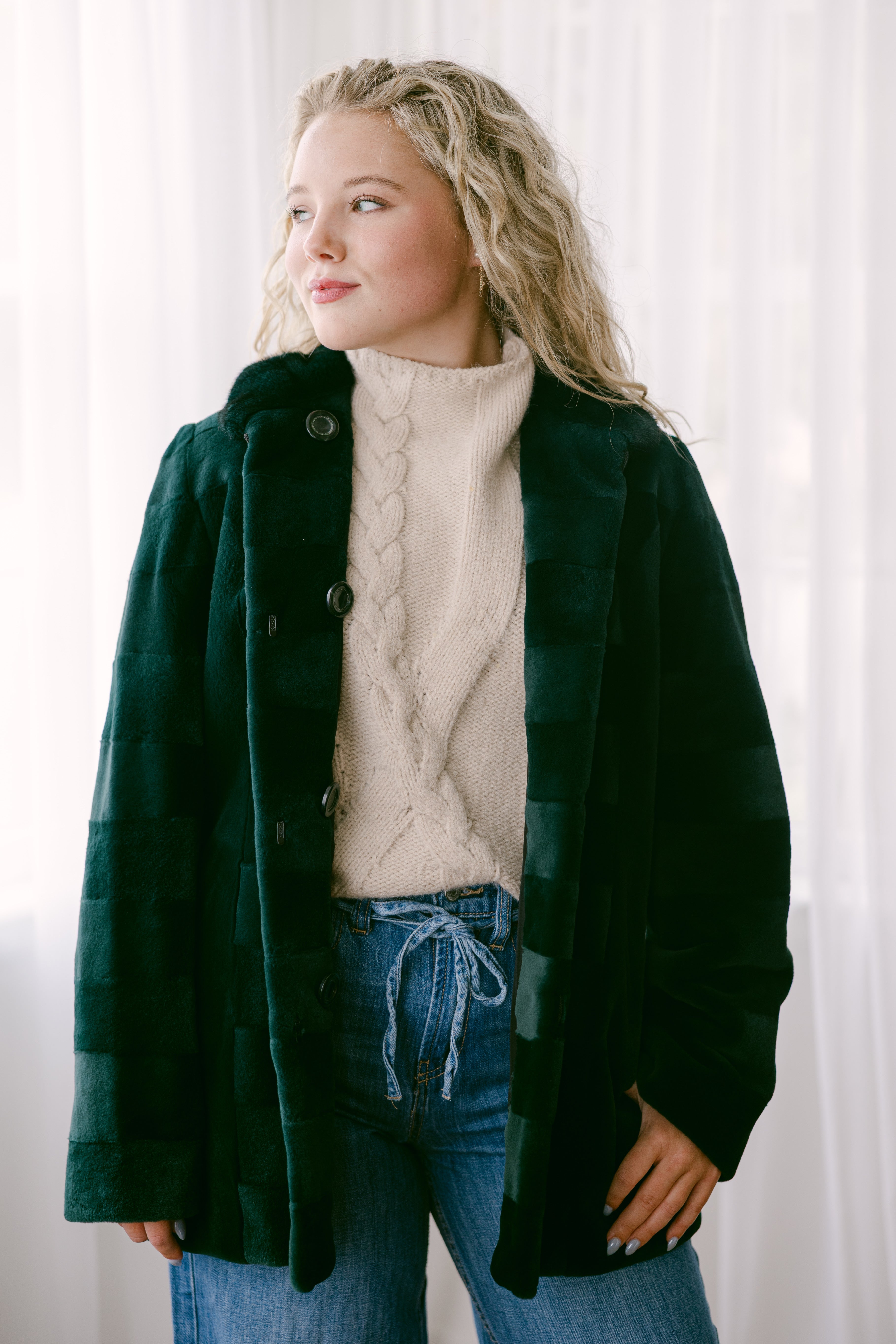 Emerald Mink 29" Jacket w/Horizontal Detail, Stand Up Collar, Reversible to Black 100% Silk