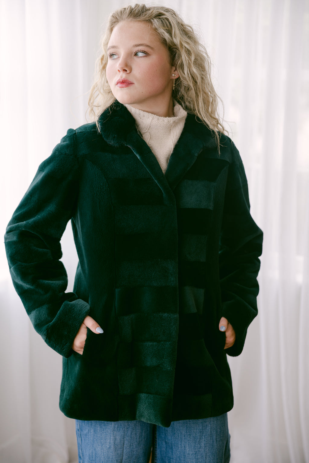 Emerald Mink 29" Jacket w/Horizontal Detail, Stand Up Collar, Reversible to Black 100% Silk