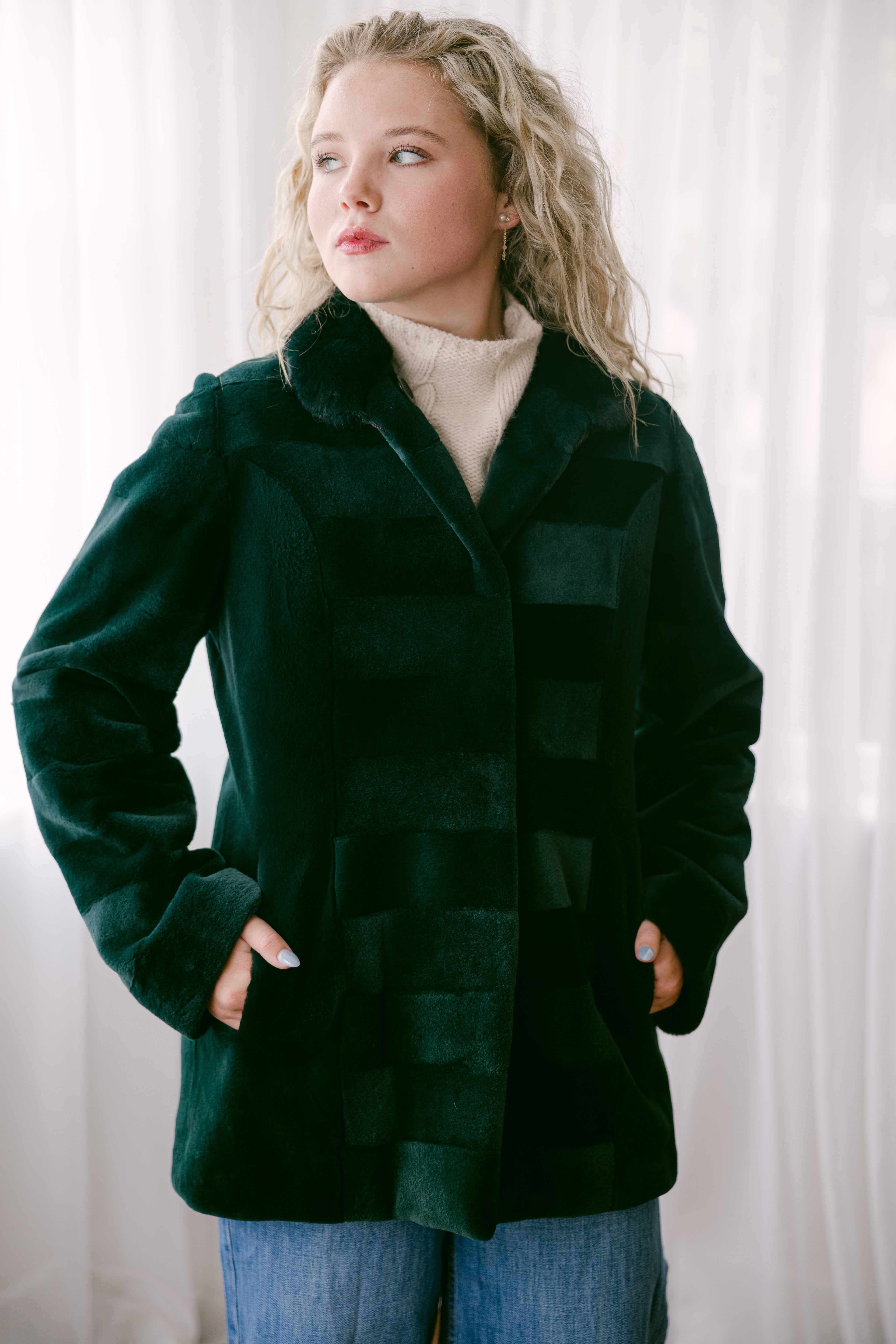 Emerald Mink 29" Jacket w/Horizontal Detail, Stand Up Collar, Reversible to Black 100% Silk
