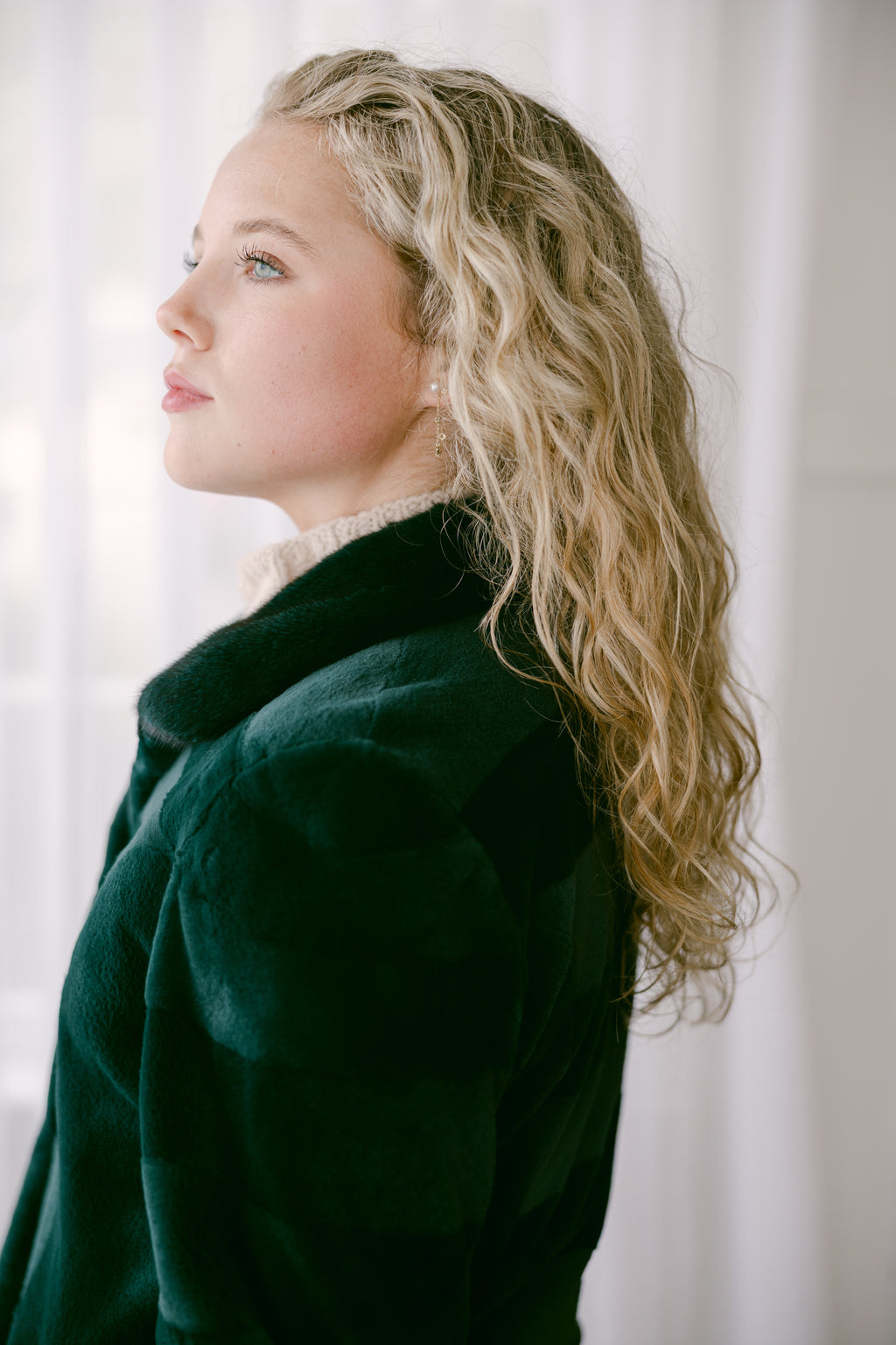 Emerald Mink 29" Jacket w/Horizontal Detail, Stand Up Collar, Reversible to Black 100% Silk