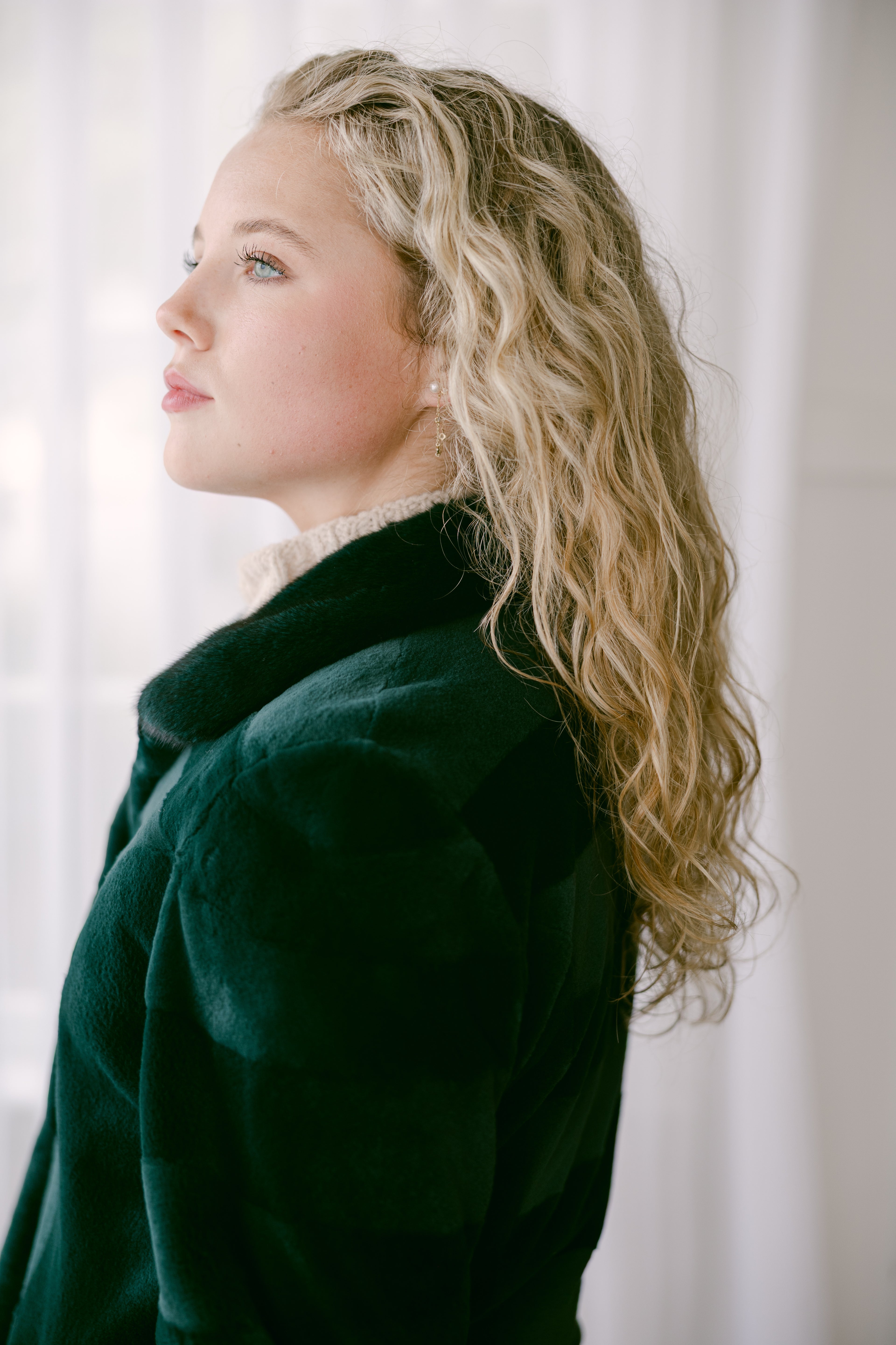 Emerald Mink 29" Jacket w/Horizontal Detail, Stand Up Collar, Reversible to Black 100% Silk