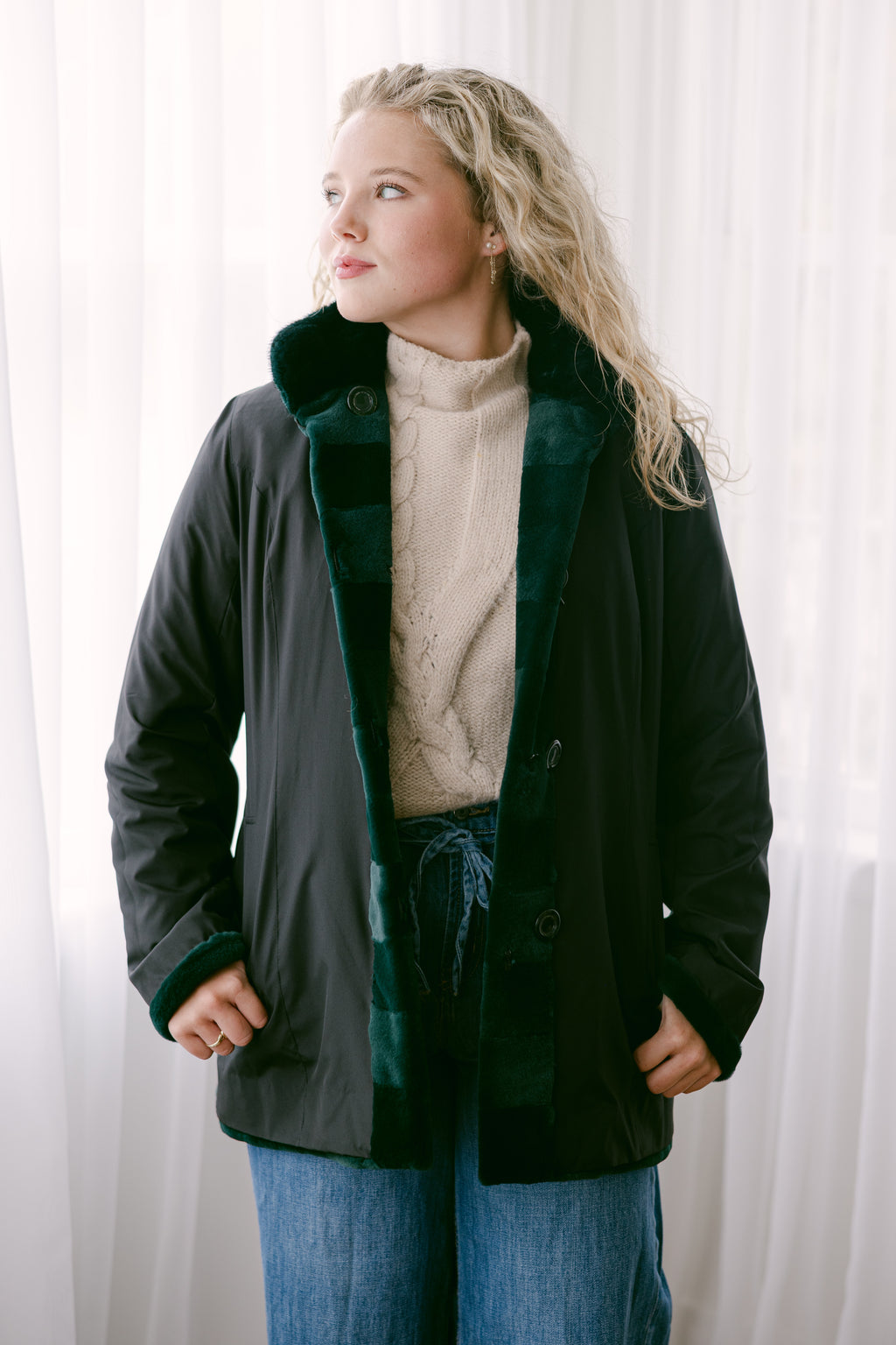 Emerald Mink 29" Jacket w/Horizontal Detail, Stand Up Collar, Reversible to Black 100% Silk