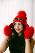 Red Knitted "Game Day" Beanie w/ Fox Fur Pom