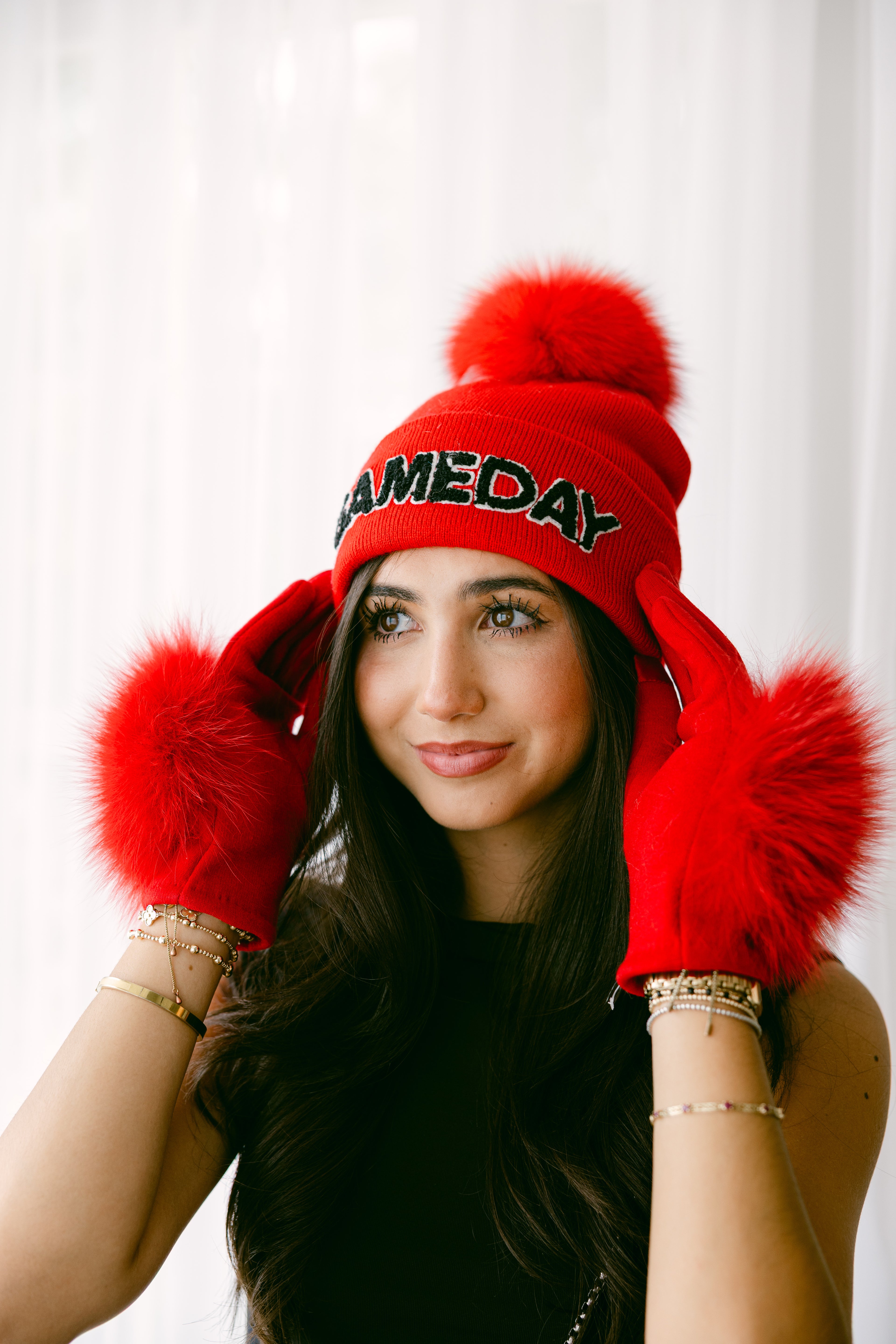 Red Knitted "Game Day" Beanie w/ Fox Fur Pom