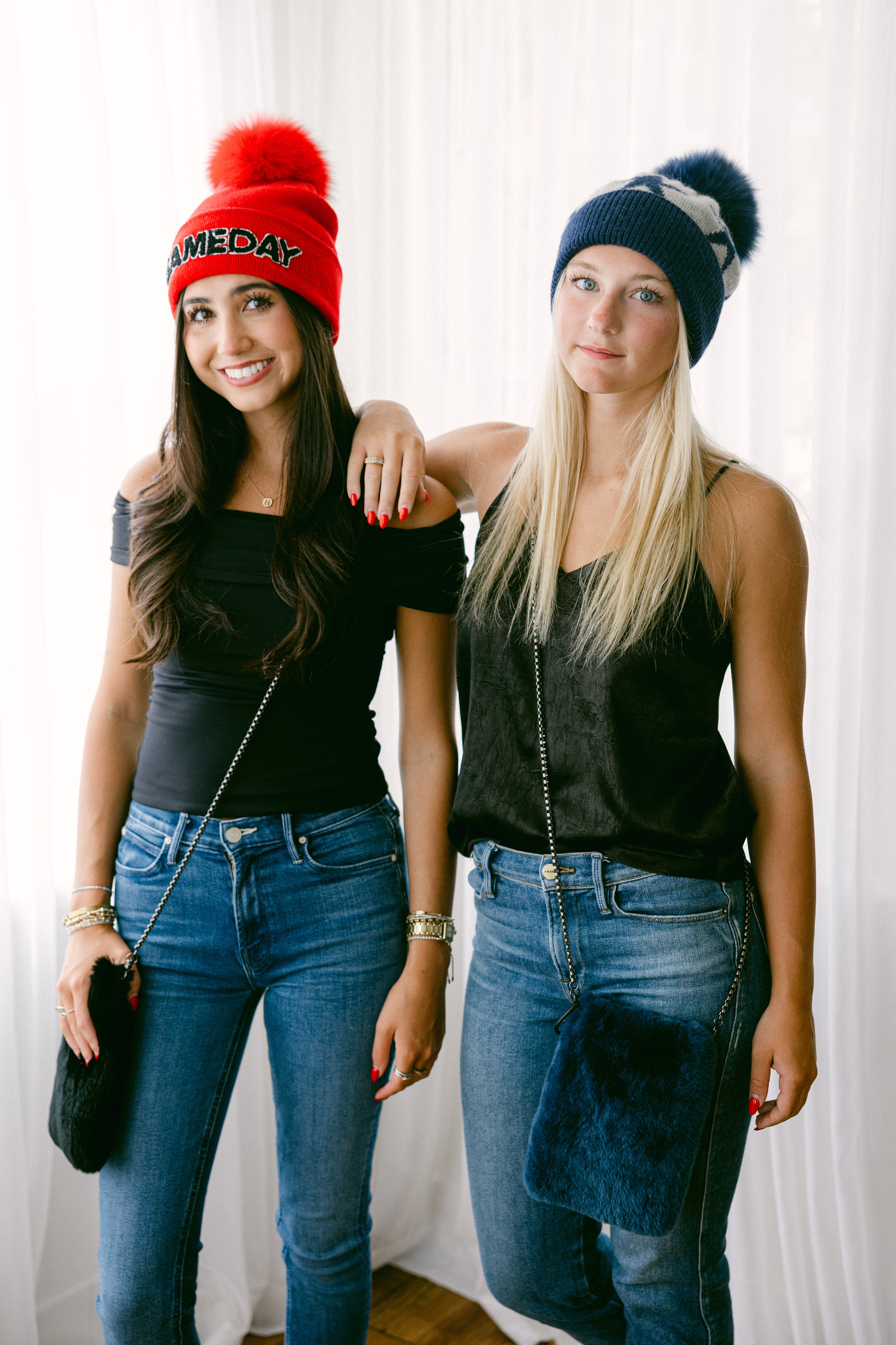 Red Knitted "Game Day" Beanie w/ Fox Fur Pom