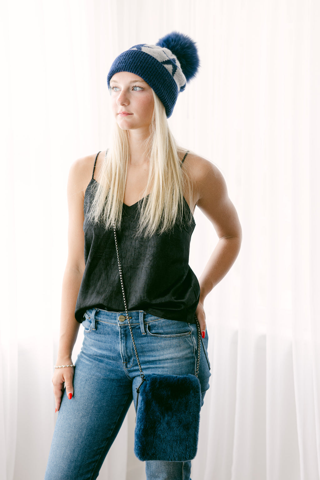 Grey/Blue Hat w/Pom