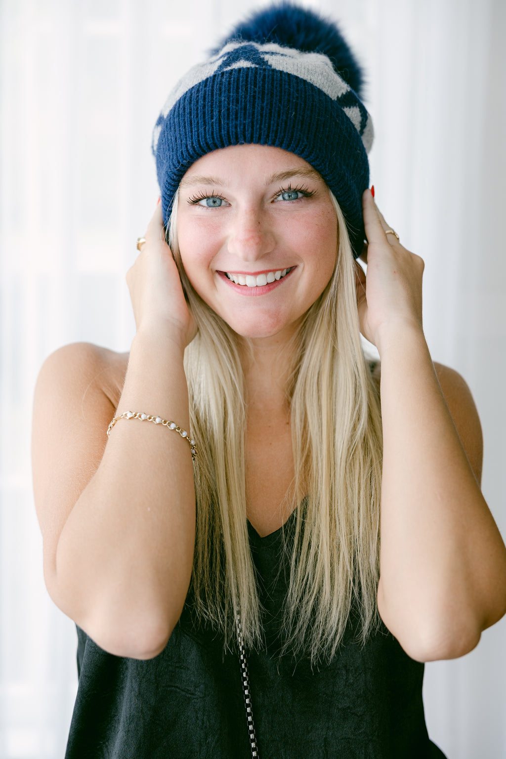 Grey/Blue Hat w/Pom